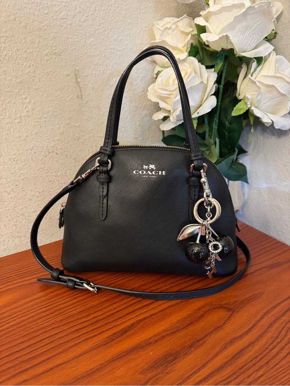 Coach Black Leather Dome Satchel with Silver  Accents